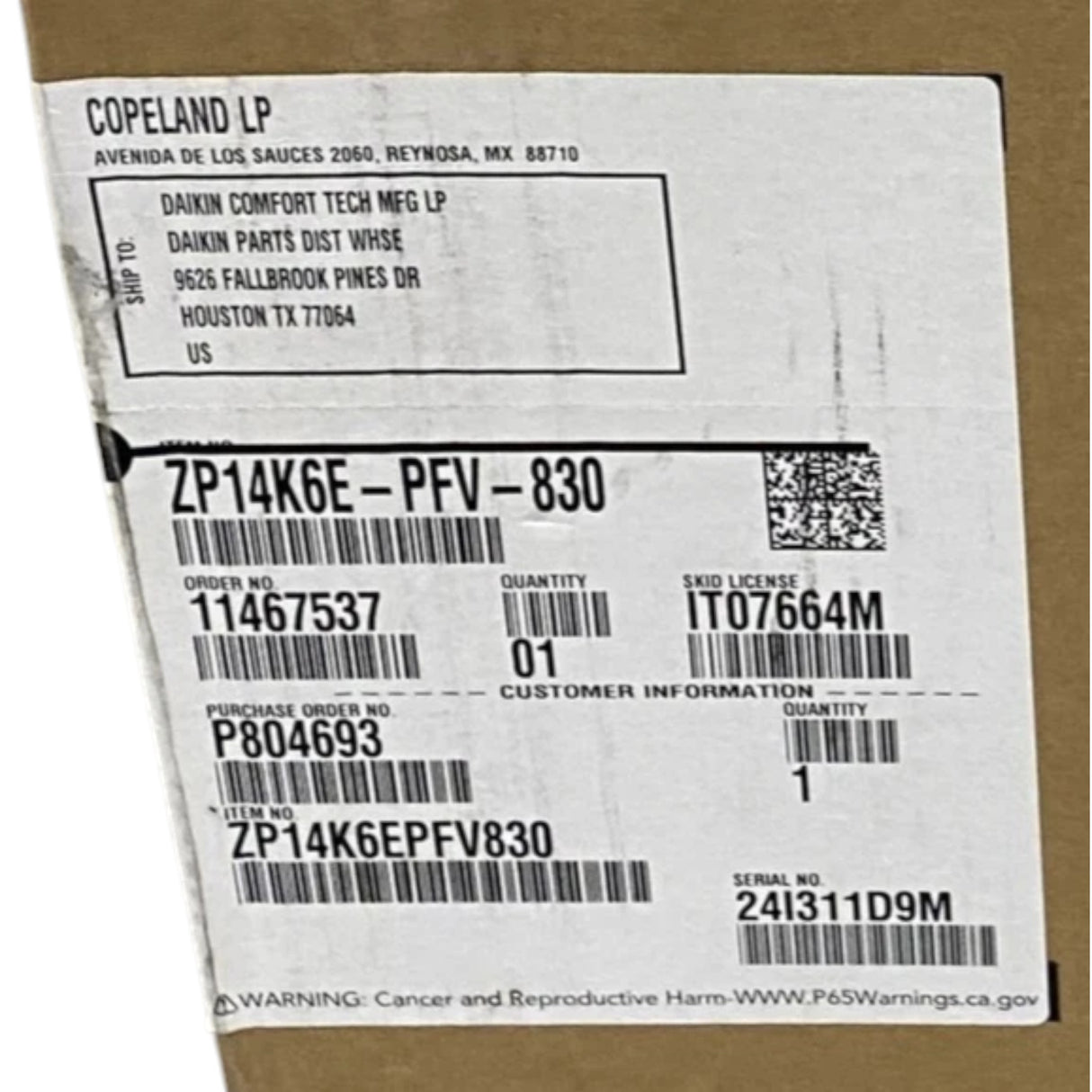 ZP14K6EPFV830 Copeland Scroll Compressor 208-230V