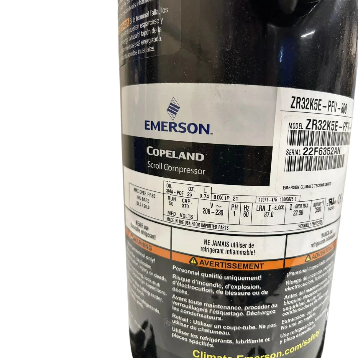 ZR32K5E-PFV-800 Genuine Copeland Scroll Compressor 208/230V - Truck To Trailer