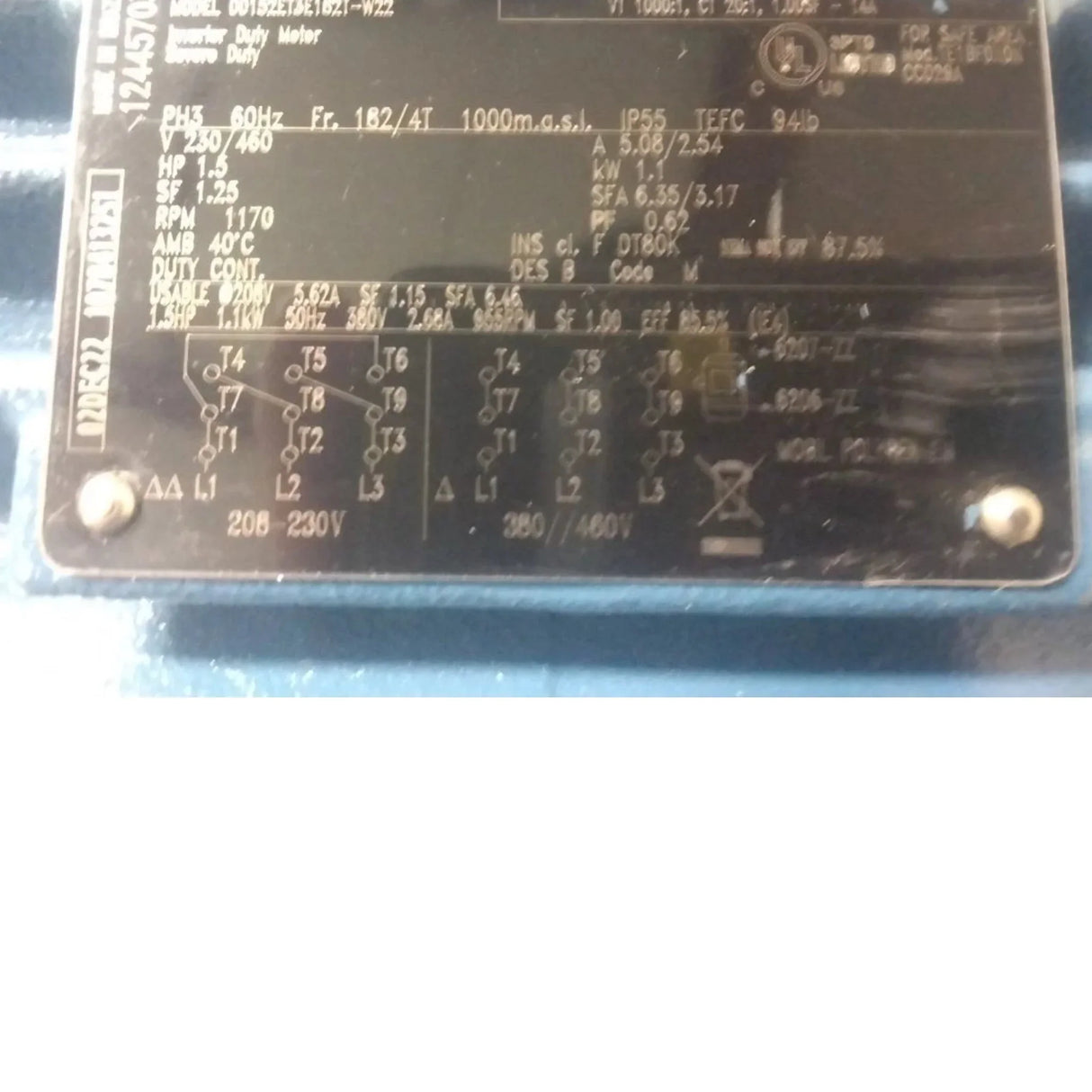 00152ET3E182T-W22 Weg General Purpose Motor 1-1/2 HP 1170 RPM 230/460VAC 3-Phase - Truck To Trailer