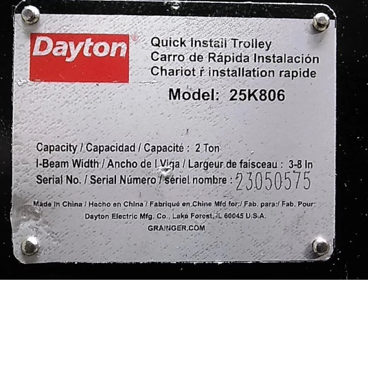 25K806 Dayton Load Cap Quick-Install Trolley 3 to 8 In Beam Flange W 4,000 Lb - Truck To Trailer