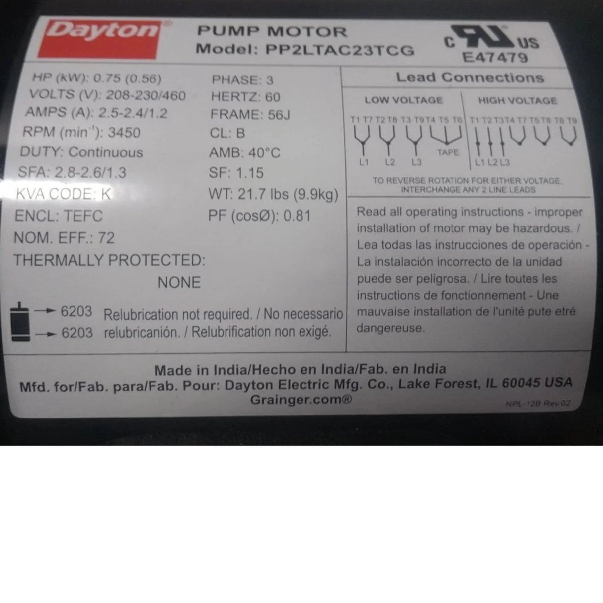 2YEV8A Dayton Head Centrifugal Pump 3/4 HP 208-230/460VAC 72 Ft Max - Truck To Trailer