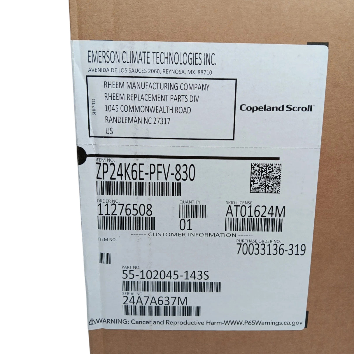 ZP24K6EPFV830 Genuine Copeland Scroll Compressor 208-230V