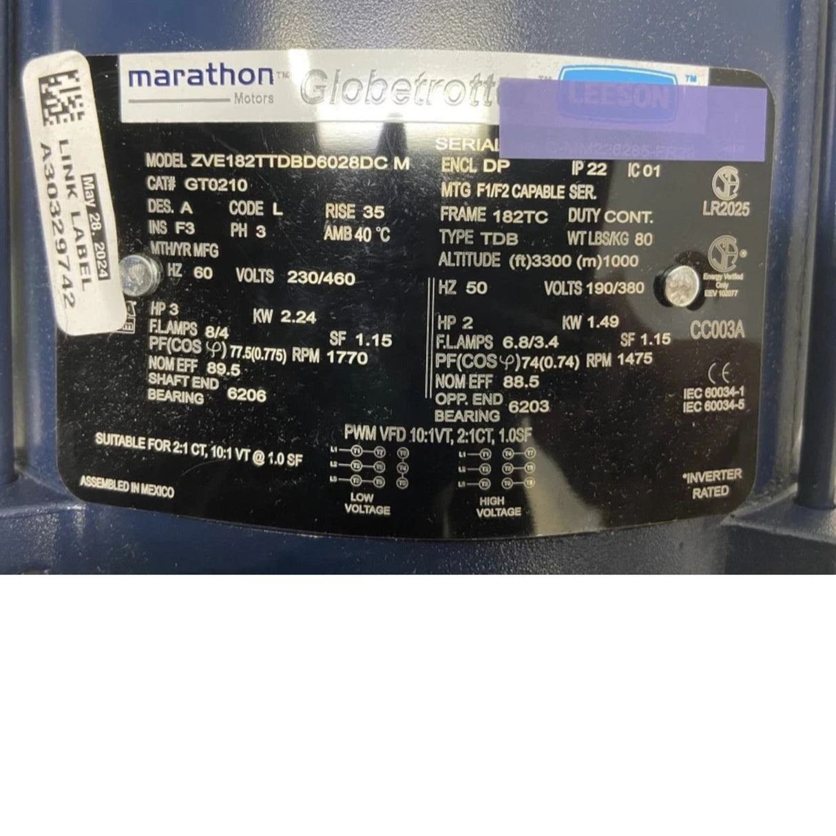GT0210 Genuine Marathon Electric Motor 230/460V