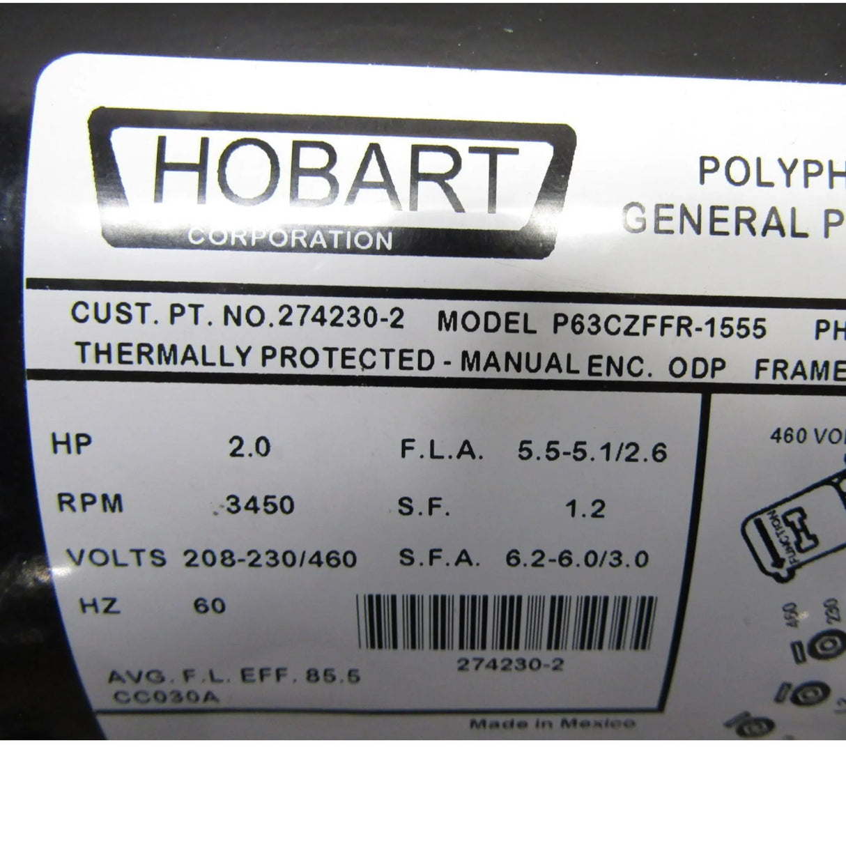 274230-2 Hobart Dishwasher Pump Motor 240V - Truck To Trailer