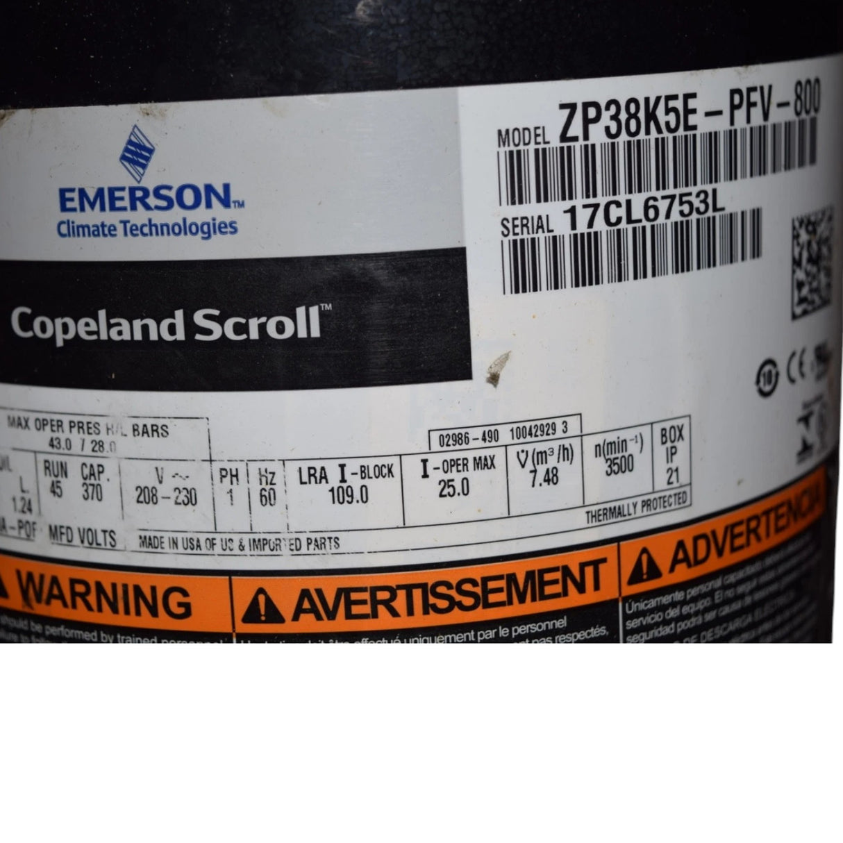 ZP38K5E-PFV-800 Genuine Copeland Scroll Compressor