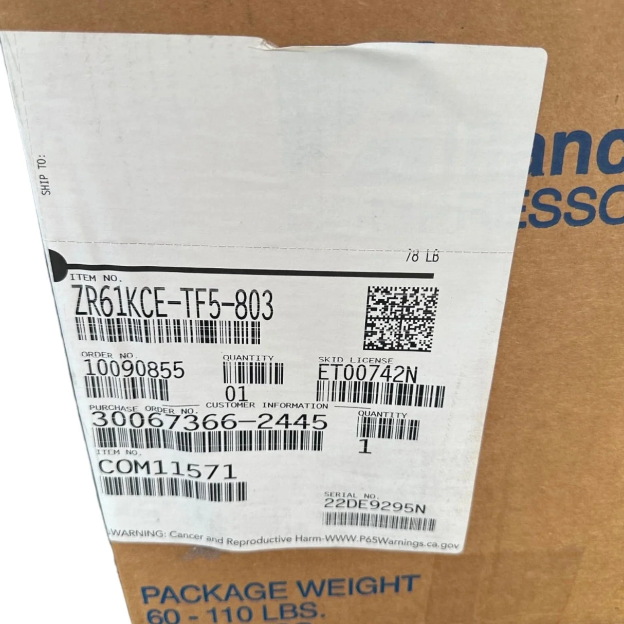 ZR61KCE-TFD-803 Genuine Copeland Scroll Compressor - Truck To Trailer