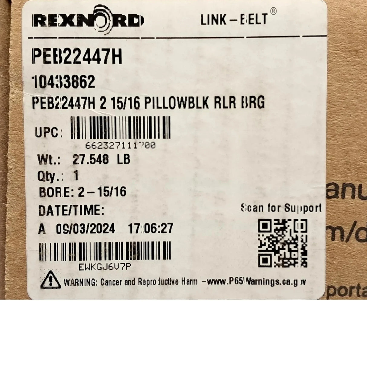 PEB22447H Genuine Rexnord Pillow Block Roller Bearing - Truck To Trailer