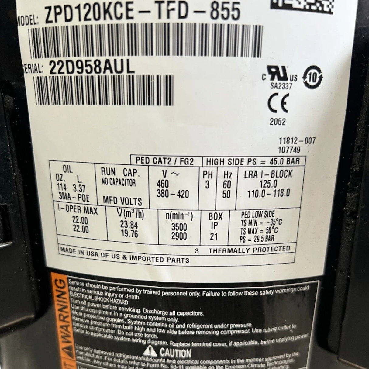 ZPD120KCE-TFD-855 Copeland Scroll Compresor