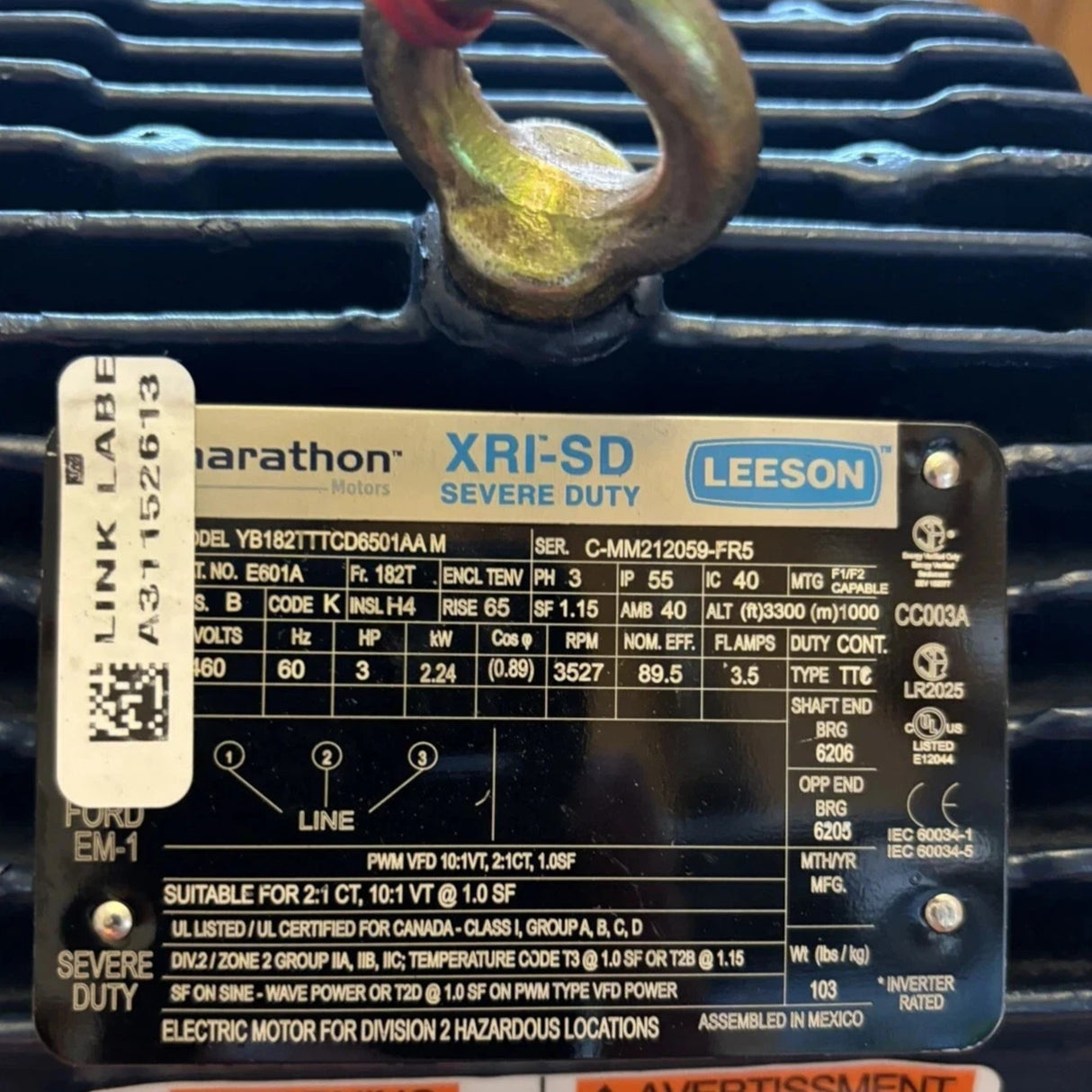 182TTTCD6501 Genuine Marathon Severe Duty Motor 460V