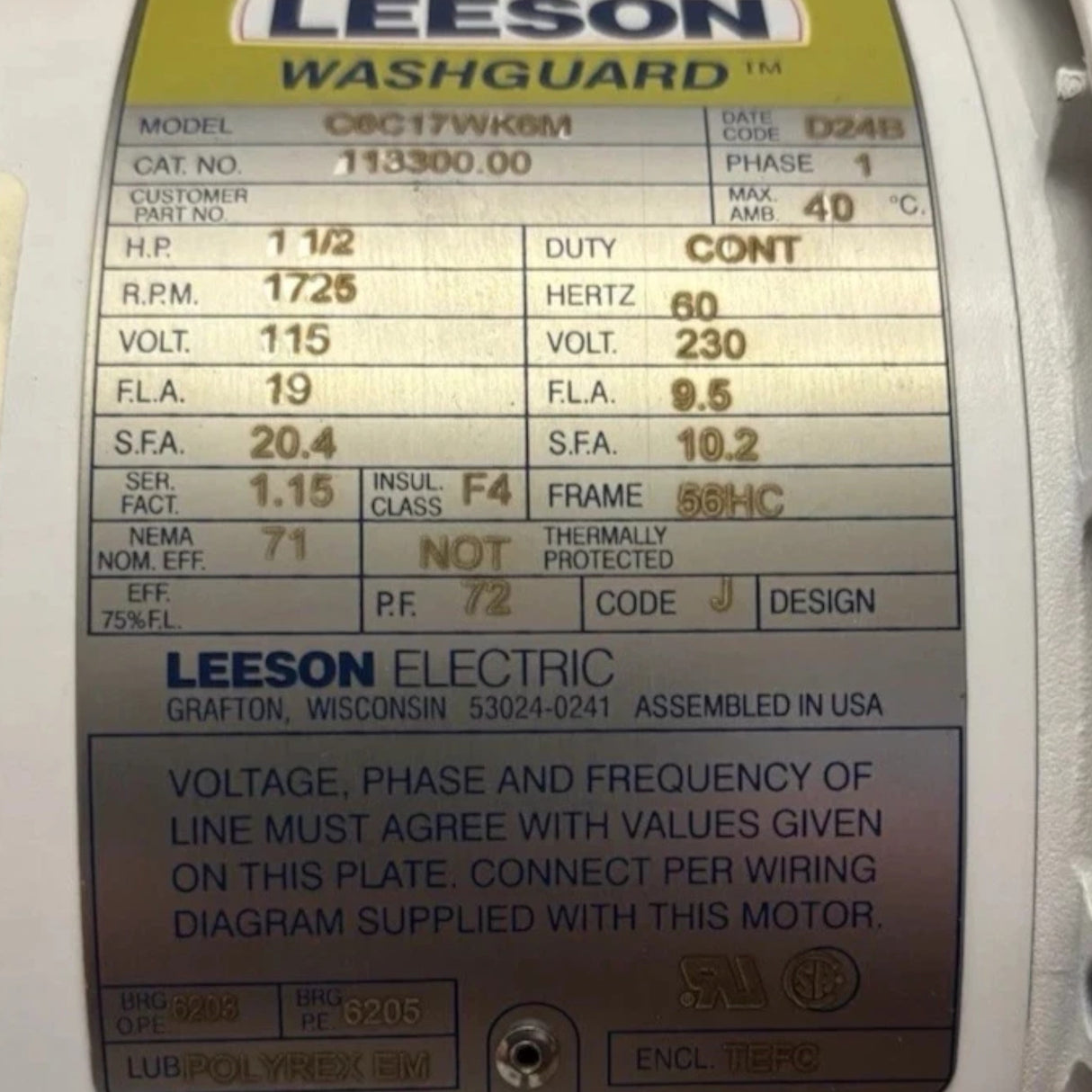 113300.00 Genuine Leeson General Purpose Motor 115/230V