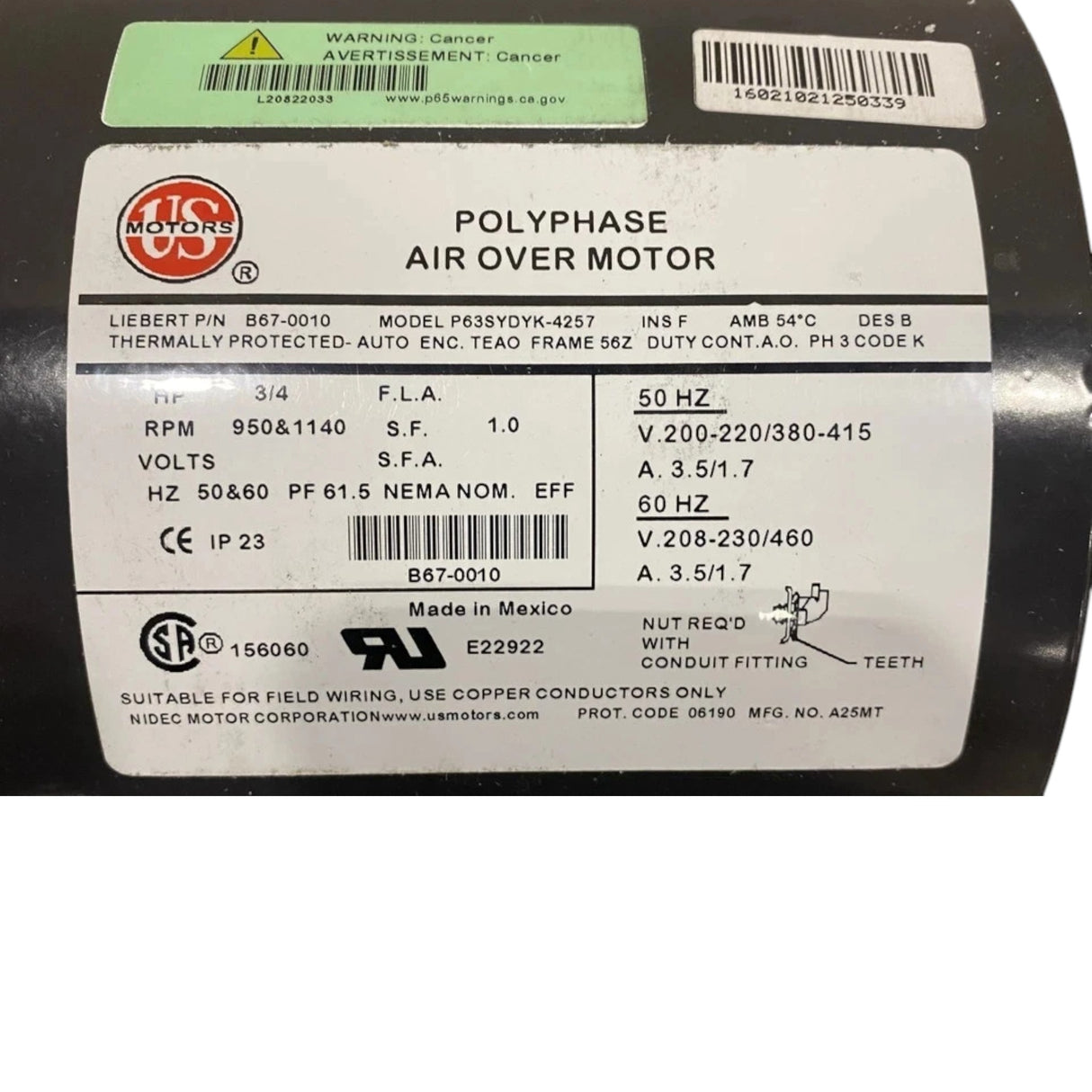 B67-0010 US Motors Electric Motor 208-230/460V 3/4HP