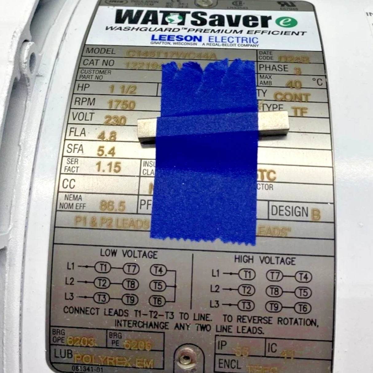 122194.00 Genuine Leeson Washdown Duty Brake Motor 208-230/460V