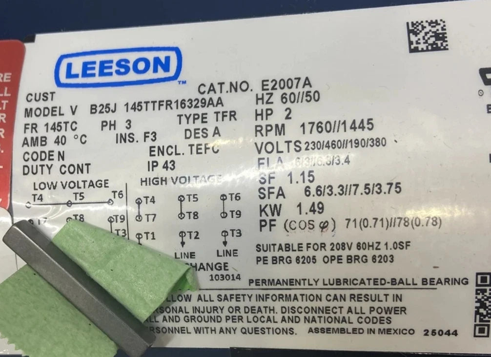 145TTFR16329 Genuine Leeson Electric Motor 208-230/460V