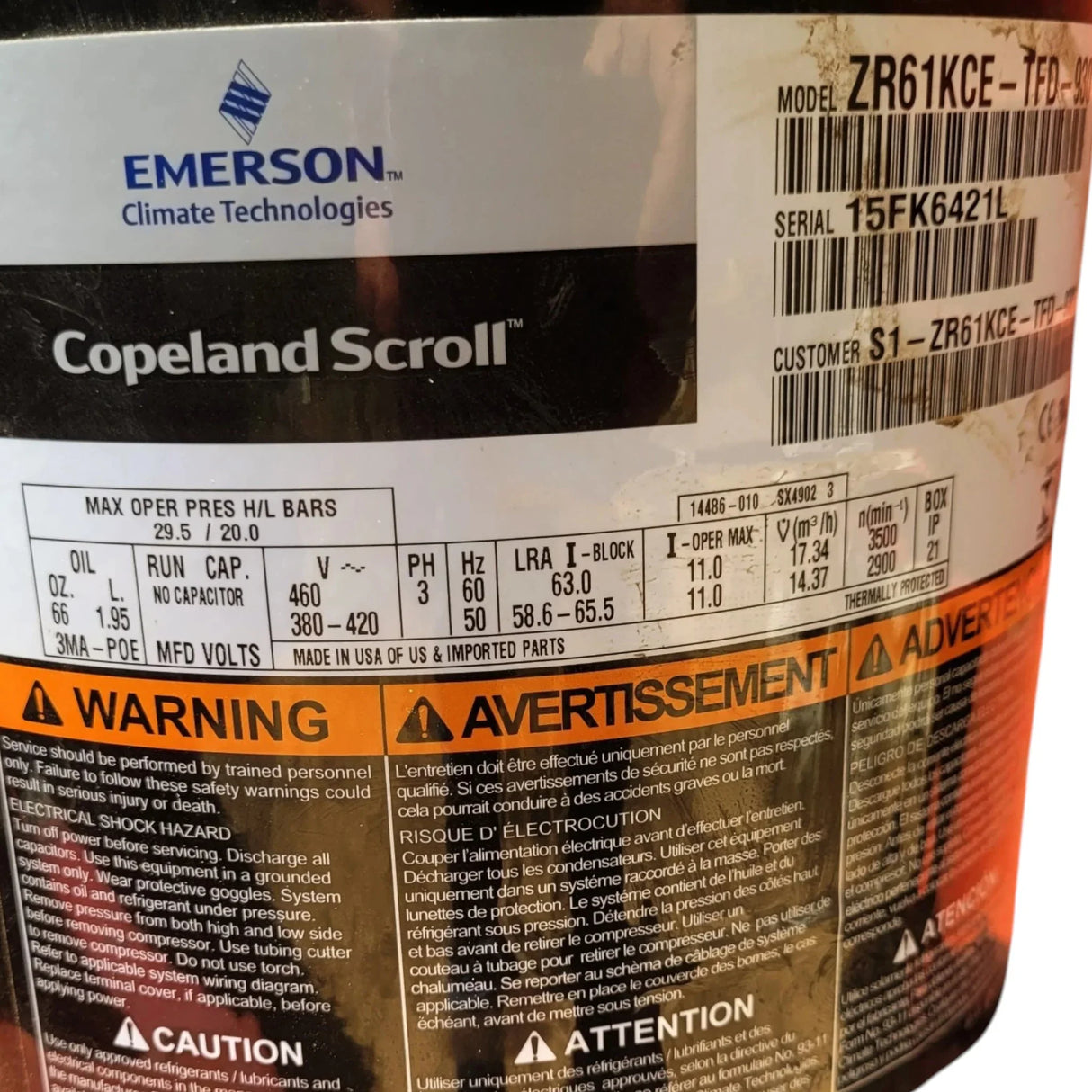 ZR61KCETFD930 Genuine Copeland Scroll Compressor