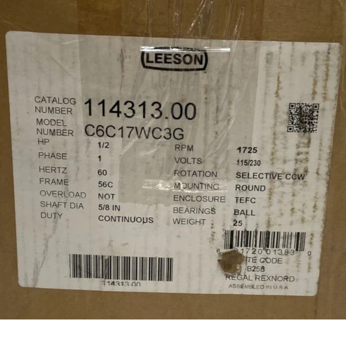 114313.00 Genuine Leeson Washdown Motor 115/230V