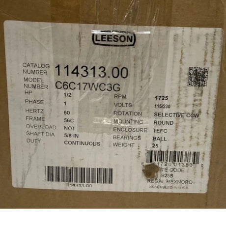 114313.00 Genuine Leeson Washdown Motor 115/230V