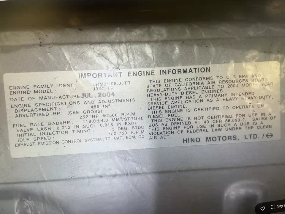 110301290A Hino Engine Partial J08C-TR - Truck To Trailer