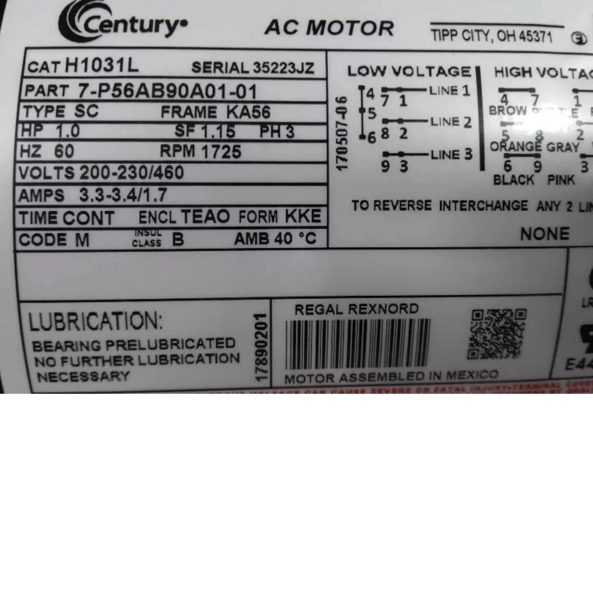 H1031L Century Belt Drive Motor 1 HP 1725 RPM 200-230/460VAC 3-Phase - Truck To Trailer