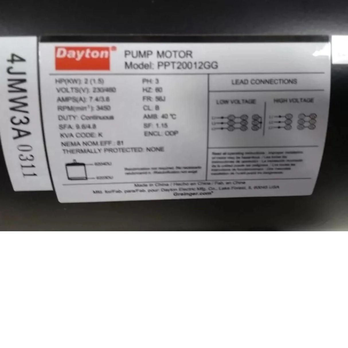 4JMW3 Dayton Head Centrifugal Pump 2 HP 3450 RPM 230/460VAC 68 Ft Max - Truck To Trailer