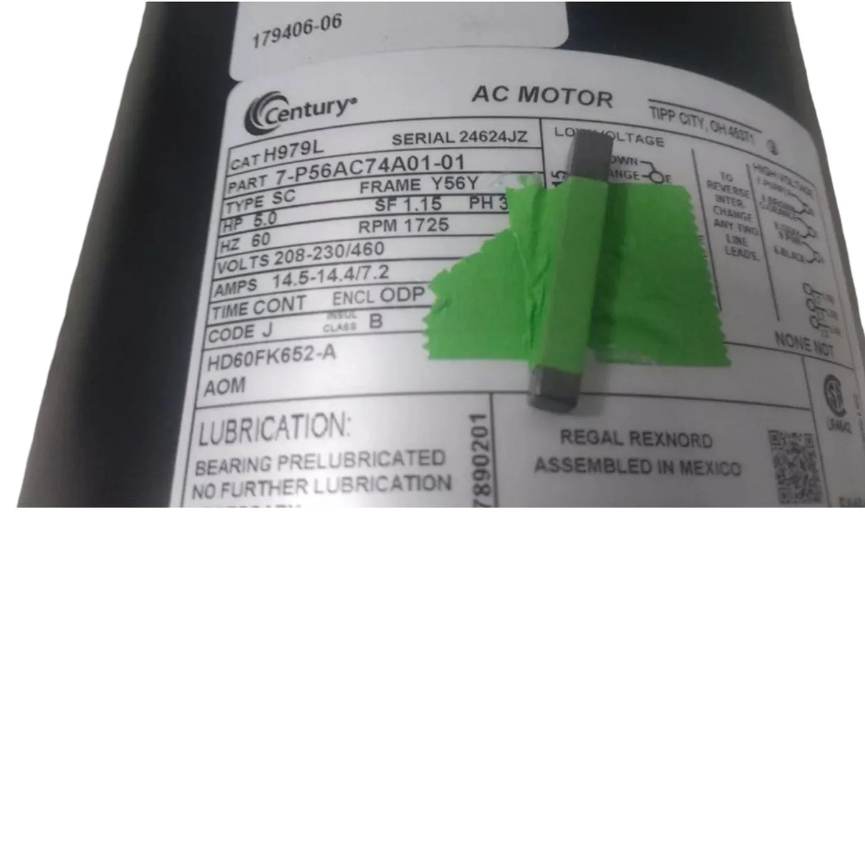 H979L Century Belt Drive Motor 5 HP 1725 RPM 208-230/460VAC 3-Phase - Truck To Trailer