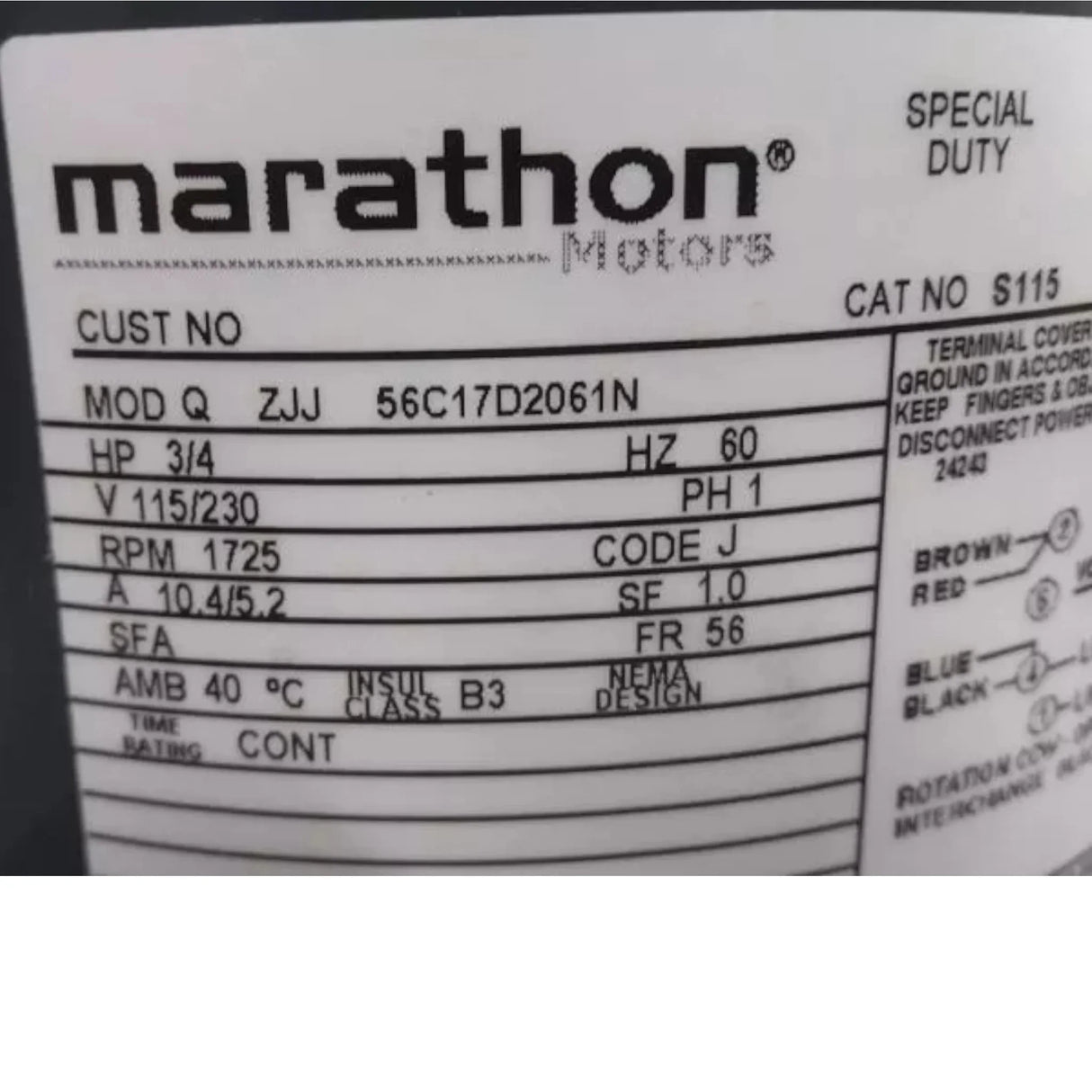 056C17D2061 Marathon Motors General Purpose Motor 3/4 HP 1725 RPM 115/230VAC - Truck To Trailer