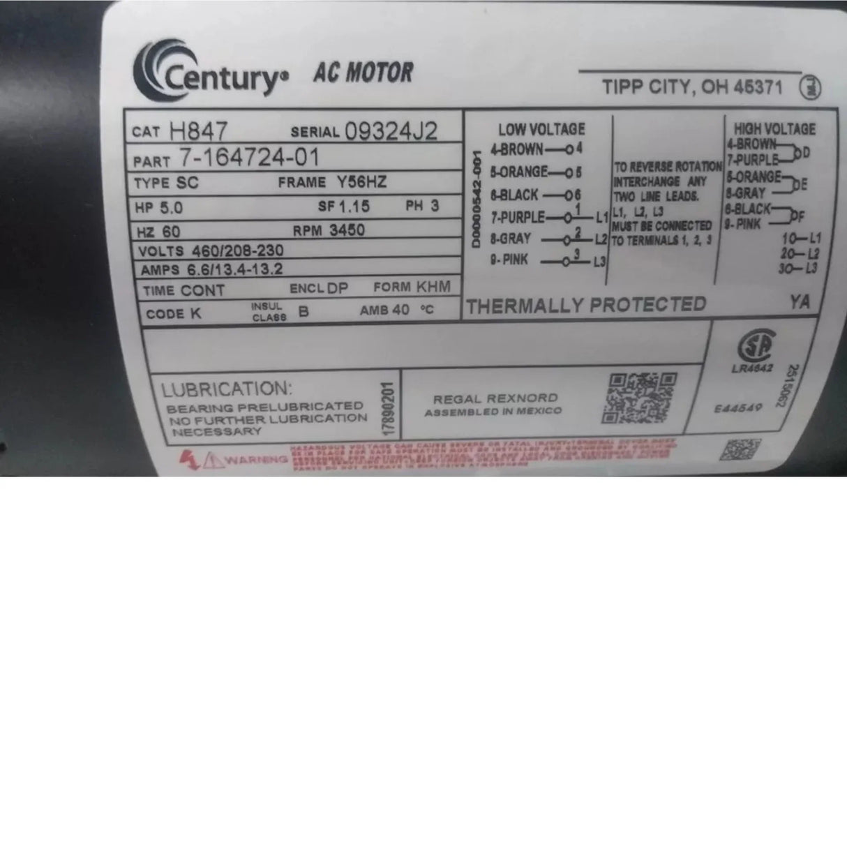 H847 Century ODP Rigid Base Motor 5 HP 3450 RPM 208-230/460VAC 3-Phase - Truck To Trailer