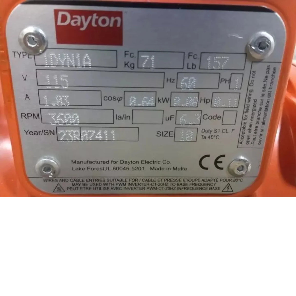 1DYN1 Dayton Electric Vibrator 11/100 HP 3600 VPM Force Rating 115VAC - Truck To Trailer