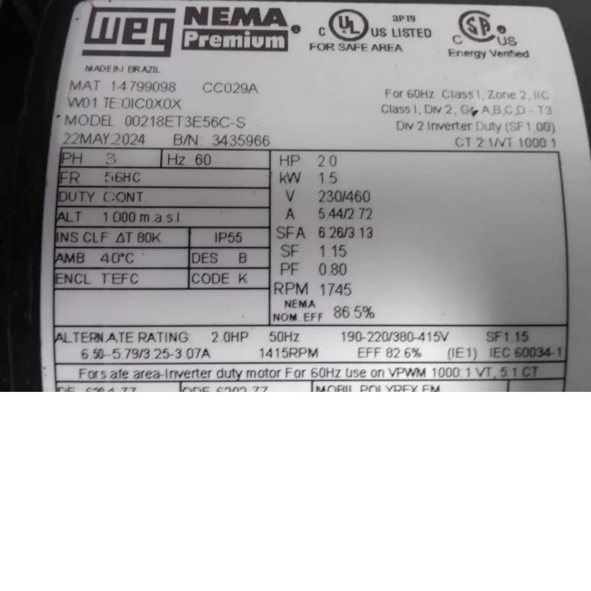 00218ET3E56C-S Weg General Purpose Motor 2 HP 1745 RPM 230/460VAC 3-Phase - Truck To Trailer