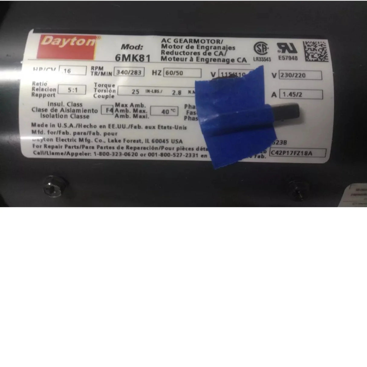 096037.00 Dayton AC Gearmotor 0.167 Input HP 340 RPM 115/230VAC - Truck To Trailer