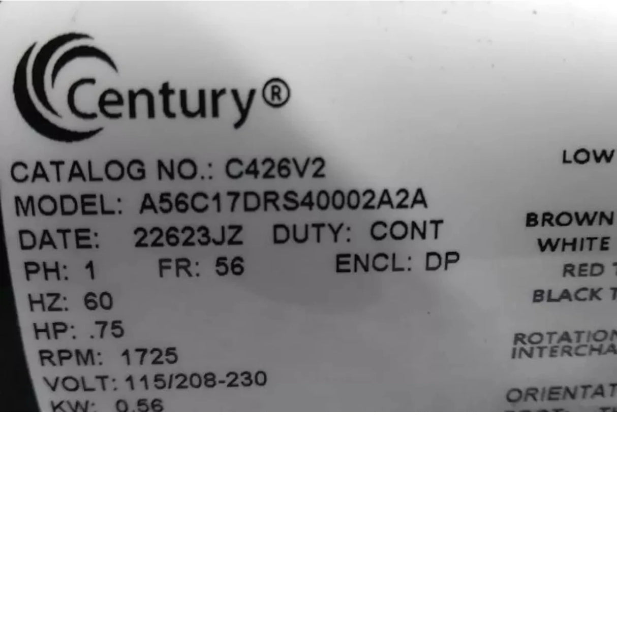 C426V2 Century Capacitor-Start Belt Drive Motor 3/4 HP 1725 RPM 115/208-230VAC - Truck To Trailer