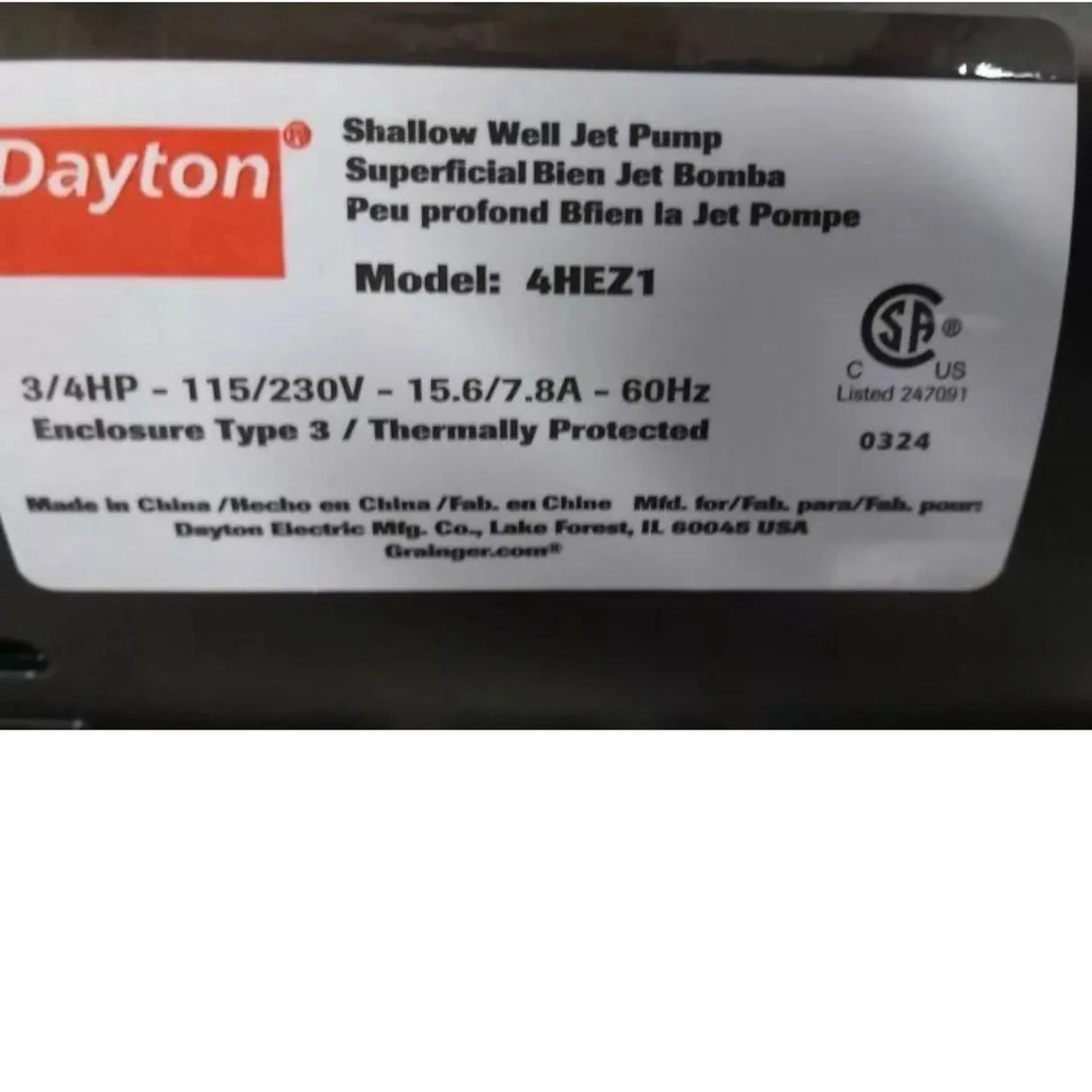 4HEZ1 Dayton NPT Discharge Shallow Well Jet Pump 3/4 HP 115/230VAC 1 In - Truck To Trailer