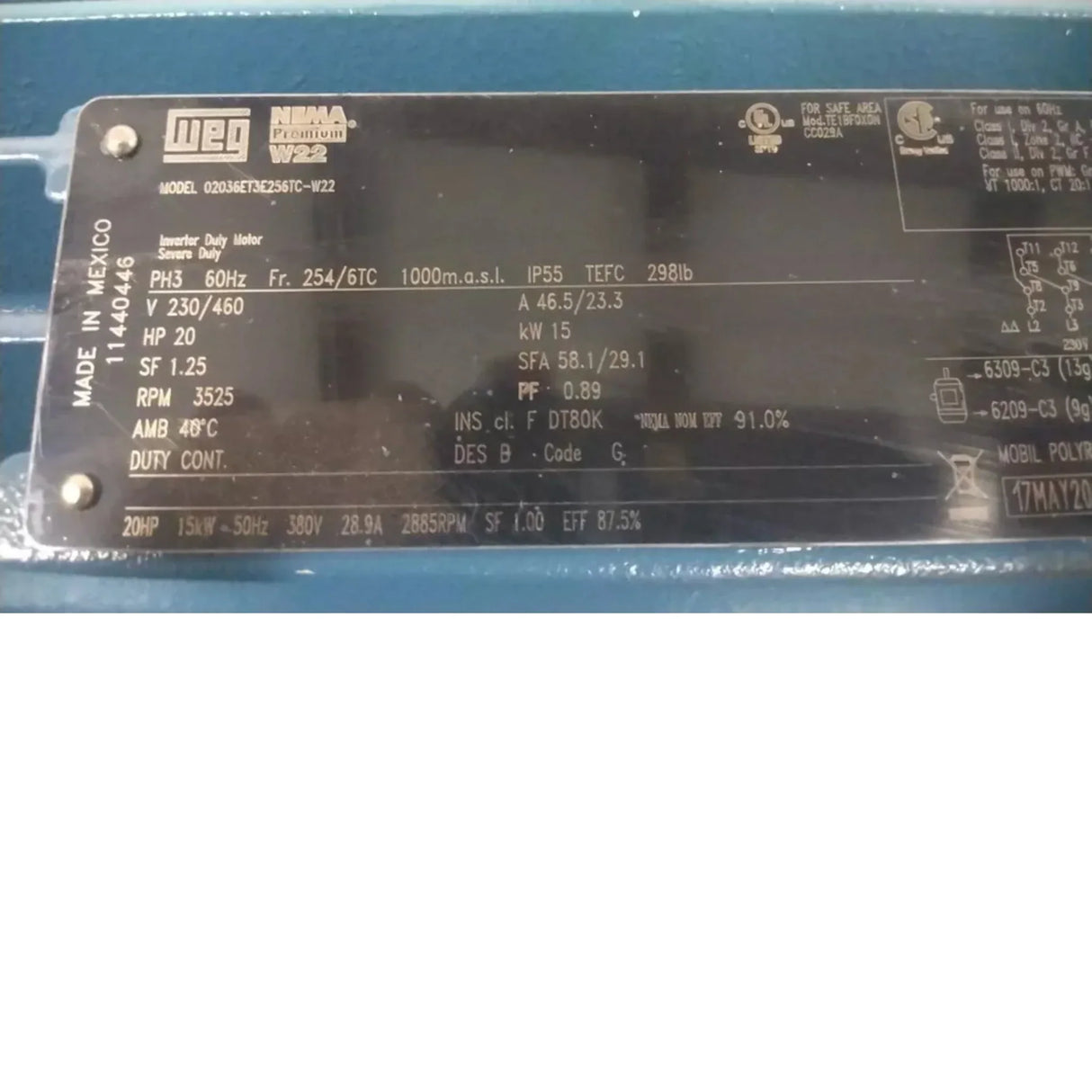 02036ET3E256TC-W22 Weg General Purpose Motor 20 HP 3525 RPM 230/460VAC 3-Phase - Truck To Trailer