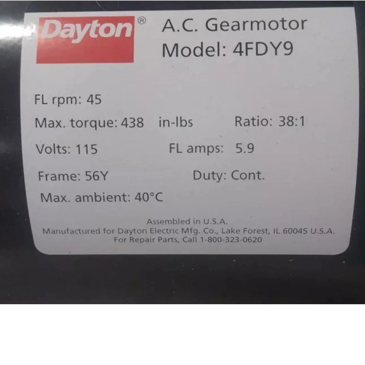 4FDY9 Dayton AC Gearmotor 1/3 Input HP 45 RPM 115VAC Split-Phase - Truck To Trailer