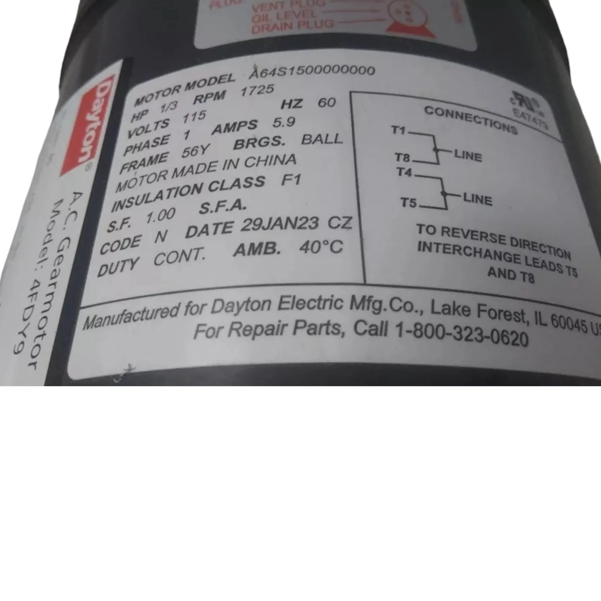 4FDY9 Dayton AC Gearmotor 1/3 Input HP 45 RPM 115VAC Split-Phase - Truck To Trailer