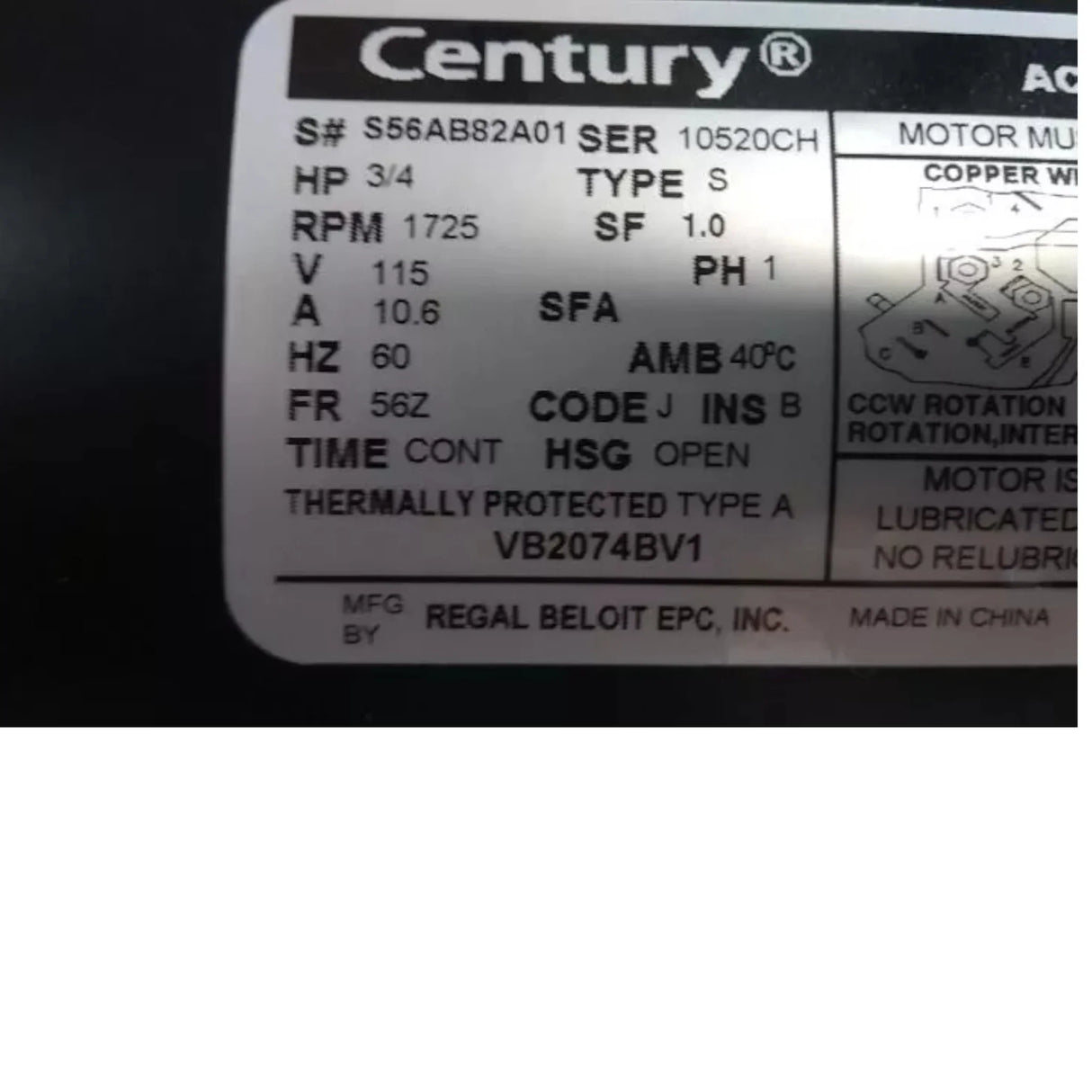 VB2074BV1 Century Evaporative Cooler Motor 3/4 HP 1725 RPM 115VAC Split-Phase - Truck To Trailer