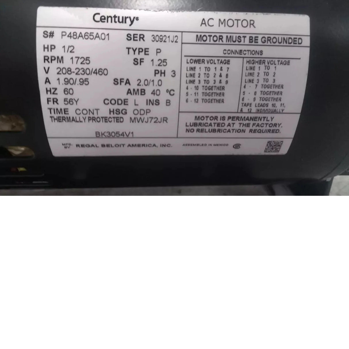 BK3054V1 Century Replacement Motor 1/2 HP 1725 RPM 208-230/460VAC - Truck To Trailer