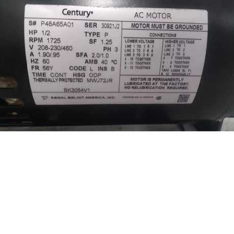 BK3054V1 Century Replacement Motor 1/2 HP 1725 RPM 208-230/460VAC - Truck To Trailer