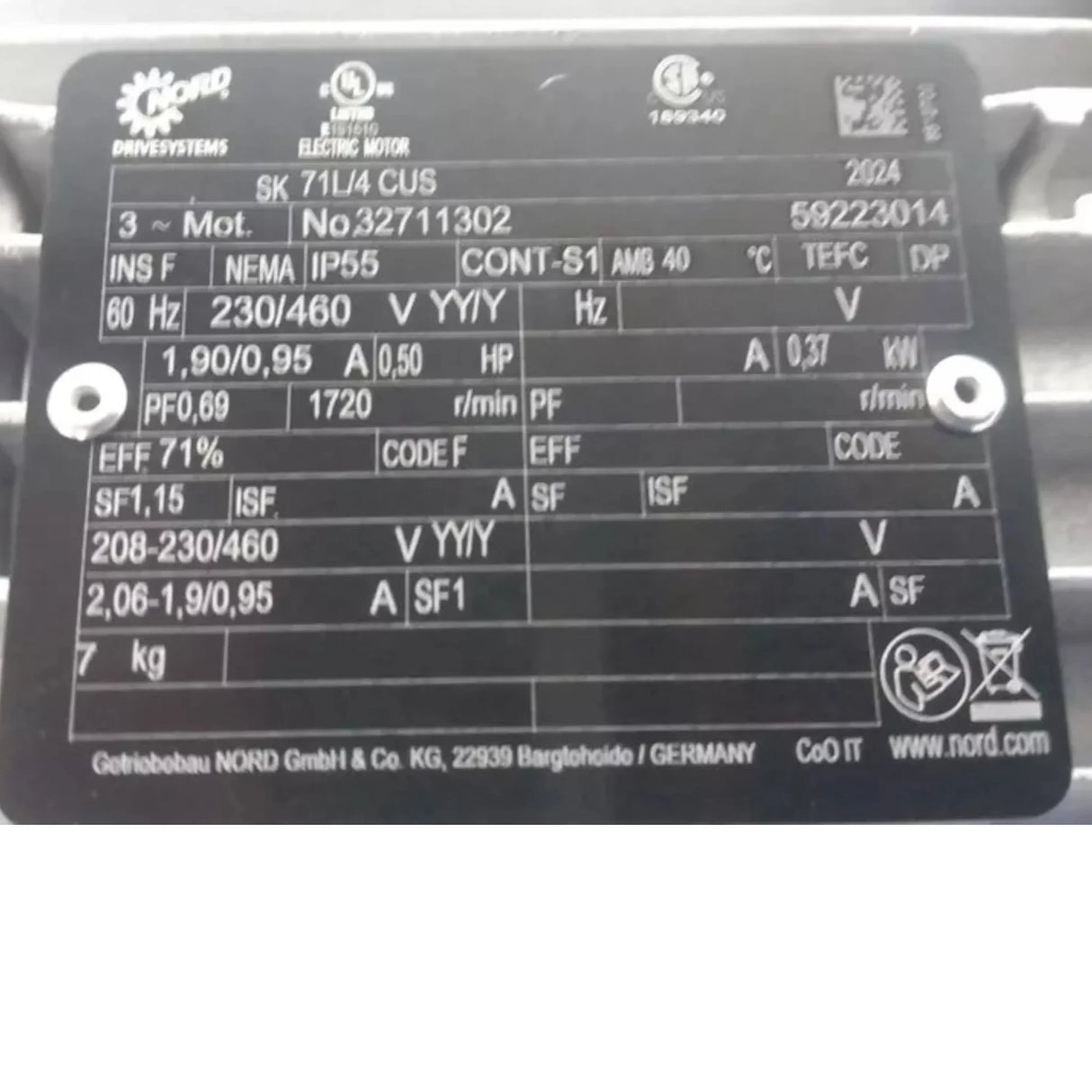 SK372.1-71L/4 60.83 Nord AC Gearmotor 0.5 Input HP 28 RPM 230/460VAC - Truck To Trailer