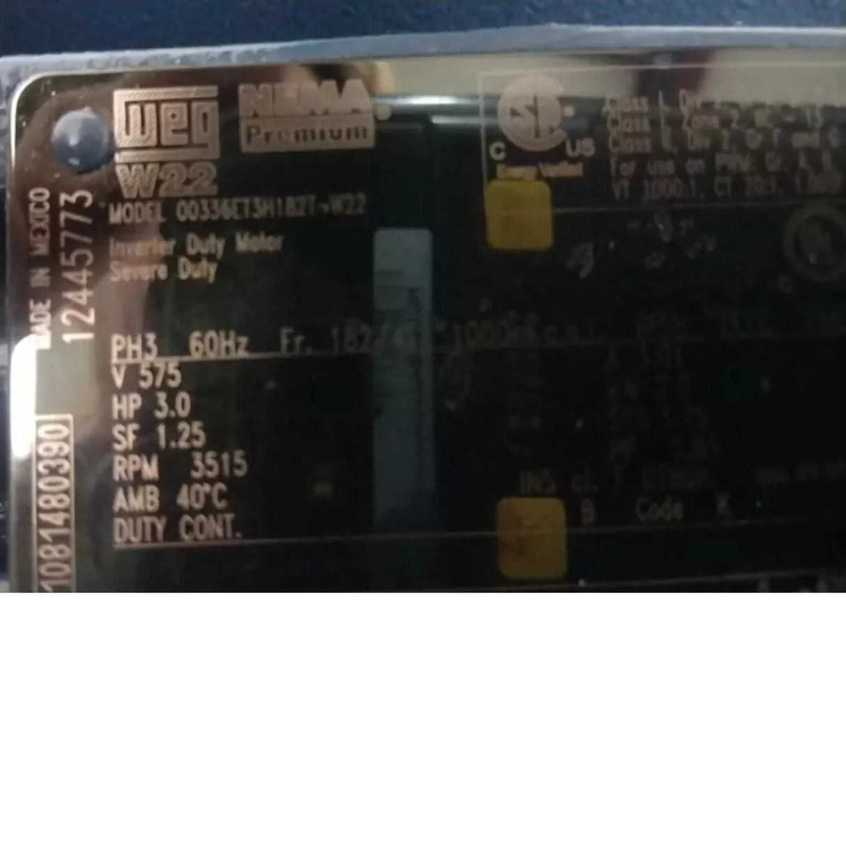 00336ET3H182T-W22 Weg General Purpose Motor 3 HP 3515 RPM 575VAC 3-Phase - Truck To Trailer