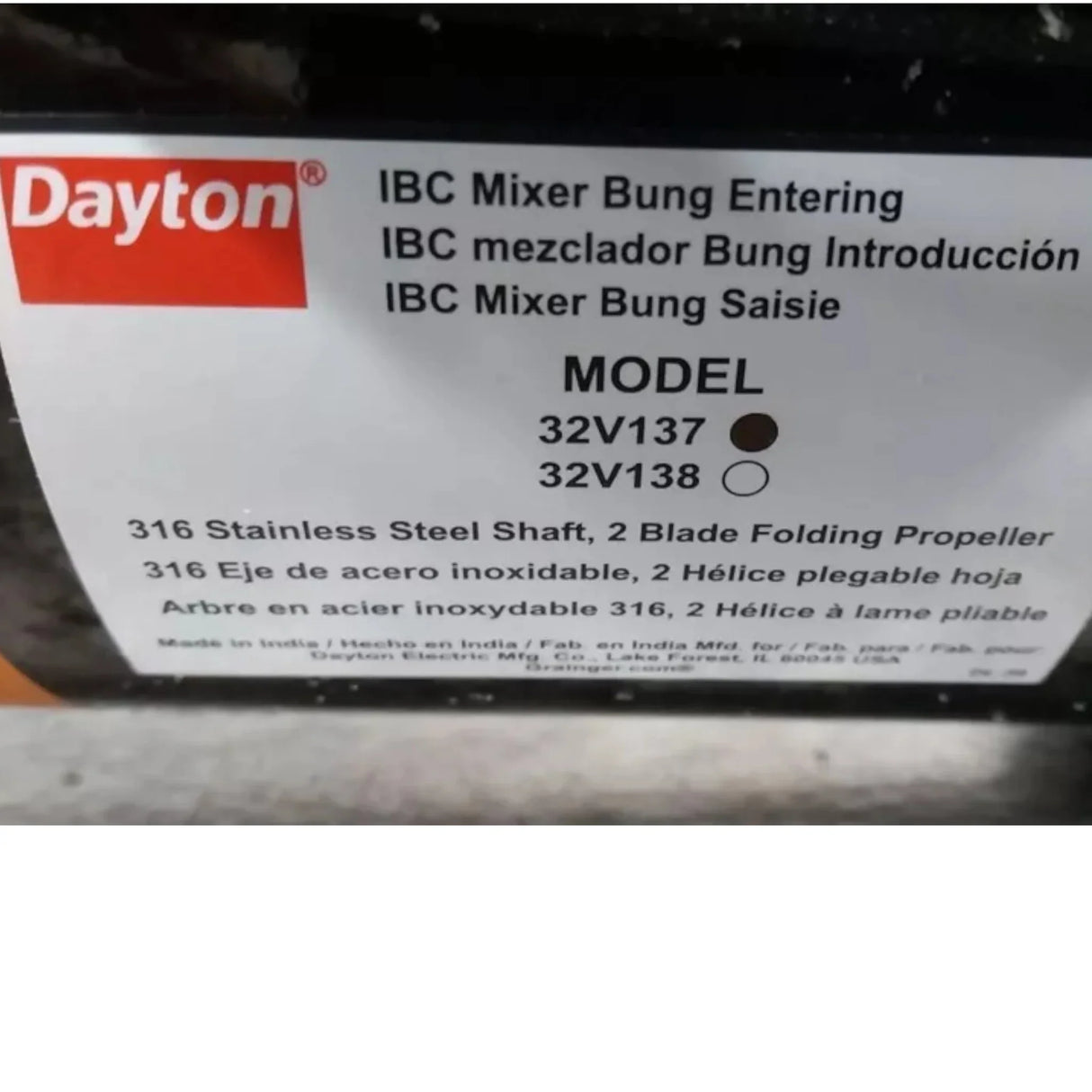 32V137 Dayton Bung Entering IBC Mixer 1/2 HP 450 Max RPM 115/230VAC - Truck To Trailer