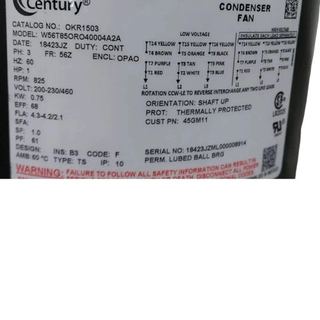56T85ORO40004A2A Century Direct Drive Motor 1 HP 850 RPM 200-230/460VAC 3-Phase - Truck To Trailer