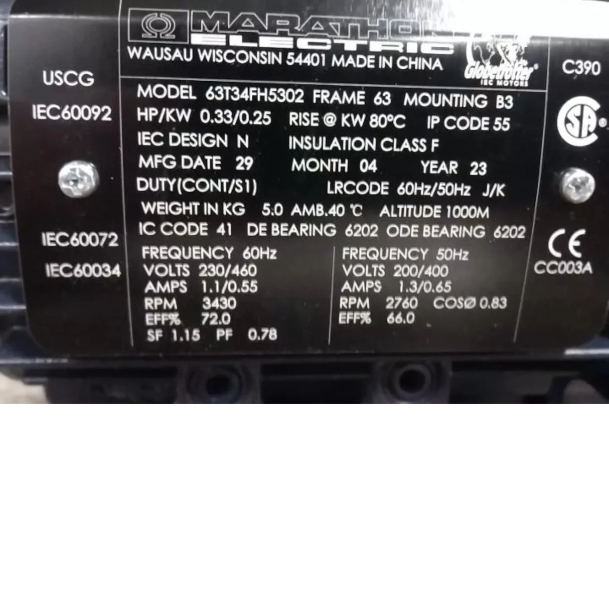 063T34FH5302 Marathon Motors Metric Motor 1/3 HP 3430 RPM 230/460VAC 3-Phase - Truck To Trailer