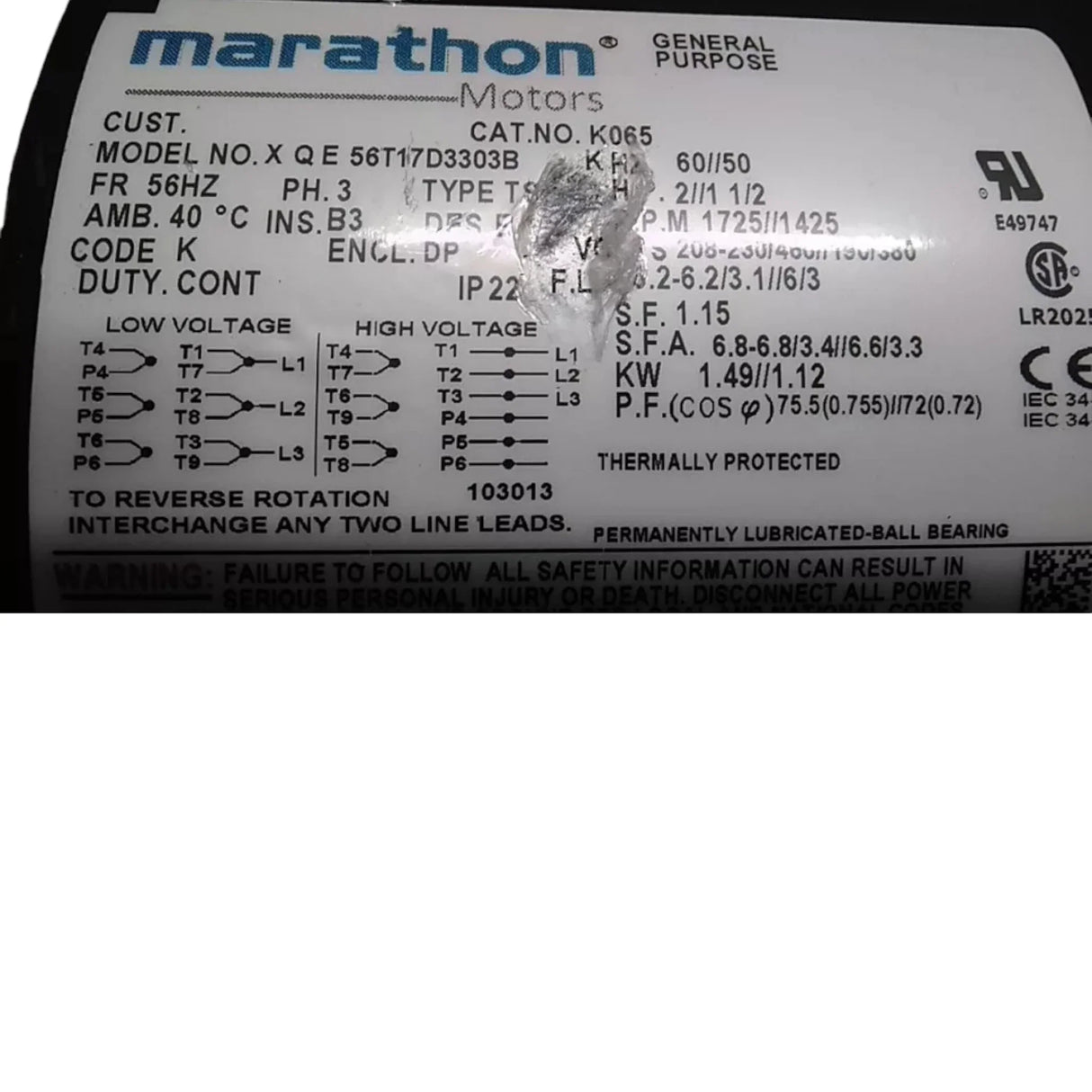 056T17D3303 Marathon Motors General Purpose Motor 2 HP 1725 RPM 208-230/460VAC - Truck To Trailer