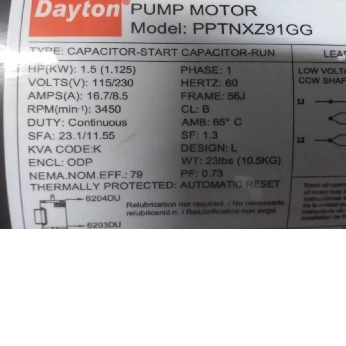 PPTNXZ91G Dayton Single Phase Replacement Motor 1.5 HP 3450 RPM 115/230V - Truck To Trailer