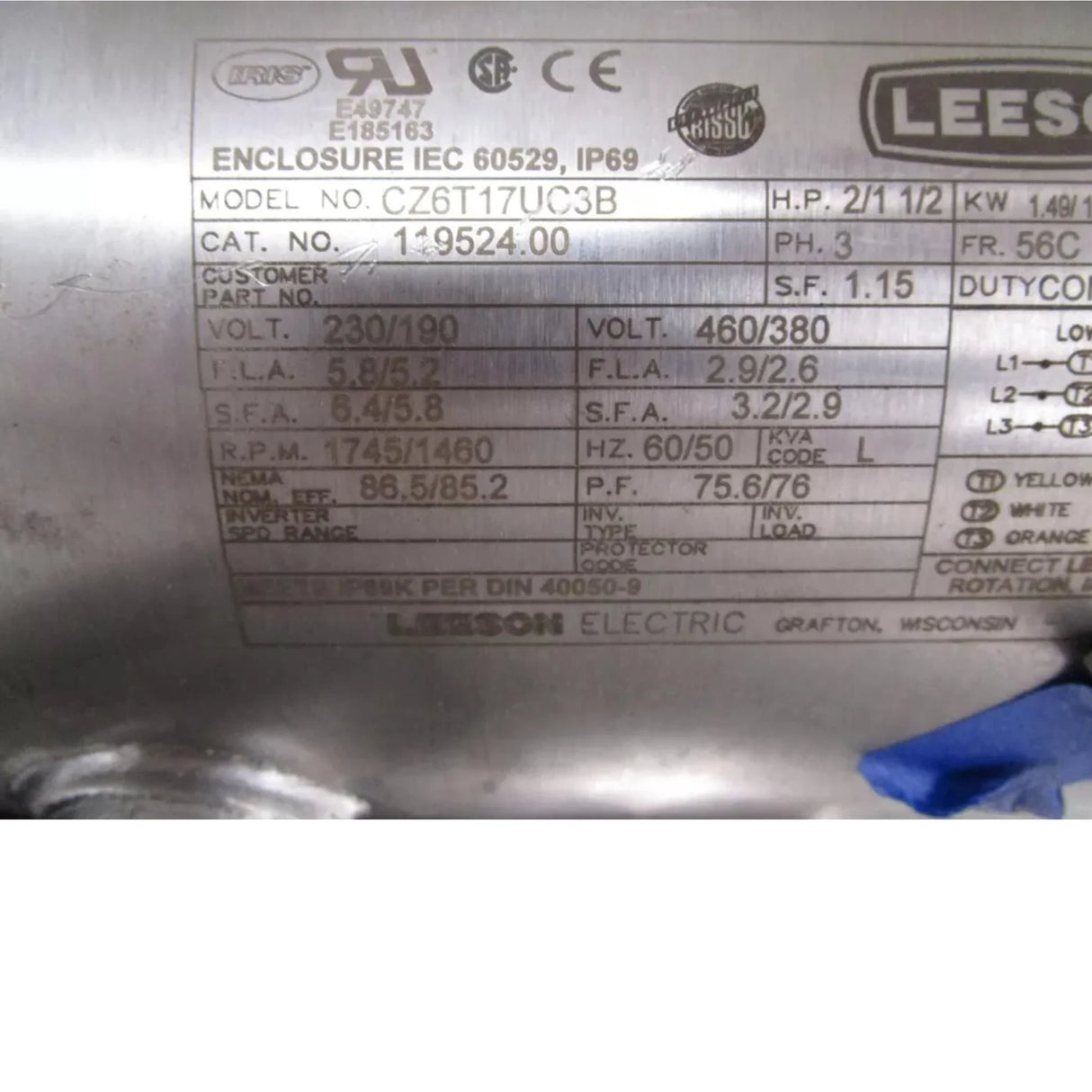 119524.00 Leeson Electric Motor 2 HP 1800 Rpm 3PH 230/460 Volt 56C Frame - Truck To Trailer