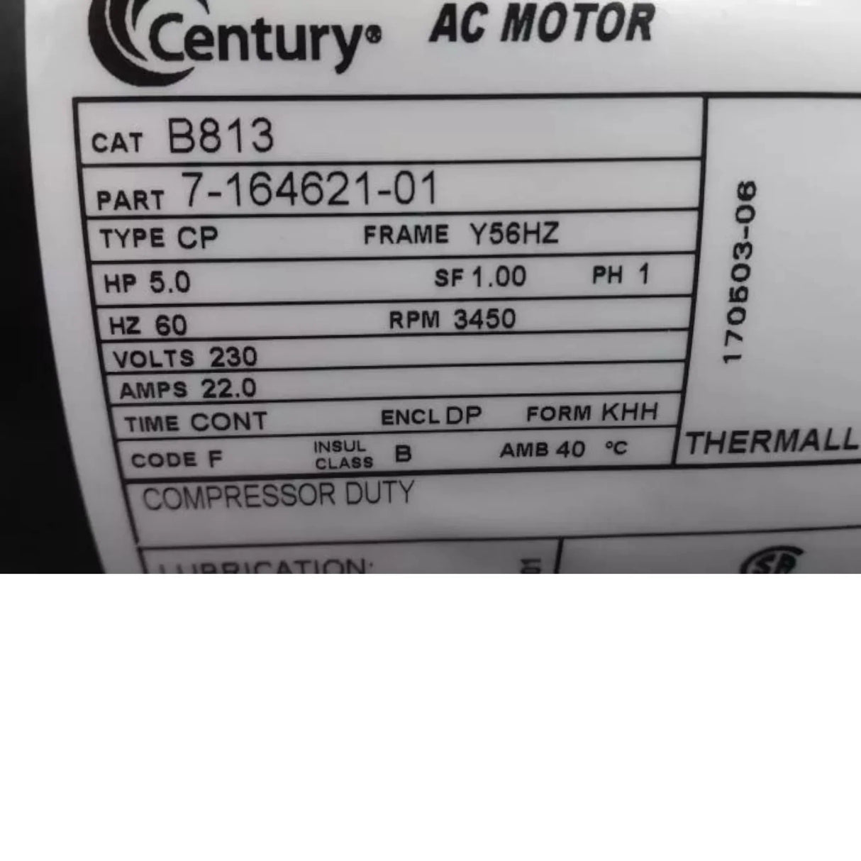 B813 Century Capacitor-Start Air Compressor Motor 5 HP 3450 RPM 230VAC - Truck To Trailer