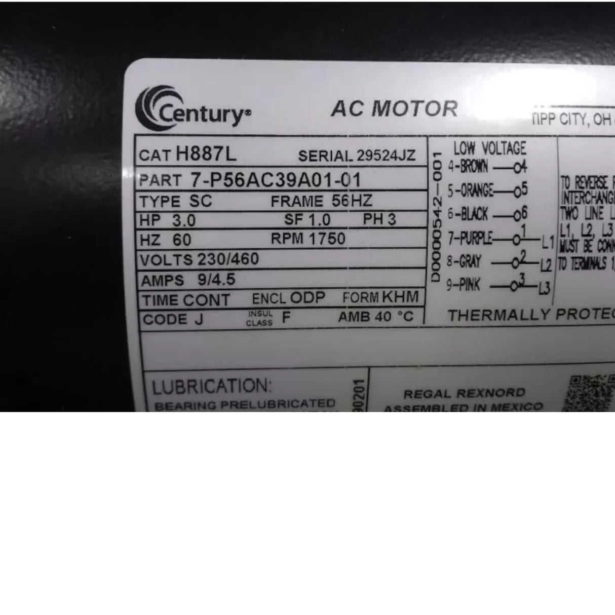 H887L Century Belt Drive Motor 3 HP 1750 RPM 230/460VAC 3-Phase - Truck To Trailer