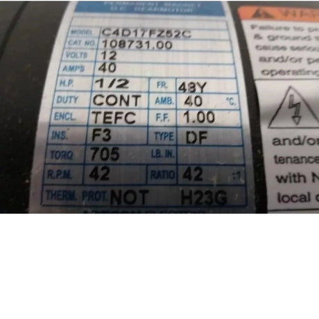 108731.00 Leeson Max Torque Gearmotor 1/2 Input HP 42 RPM 12VDC 705 In-Lb - Truck To Trailer