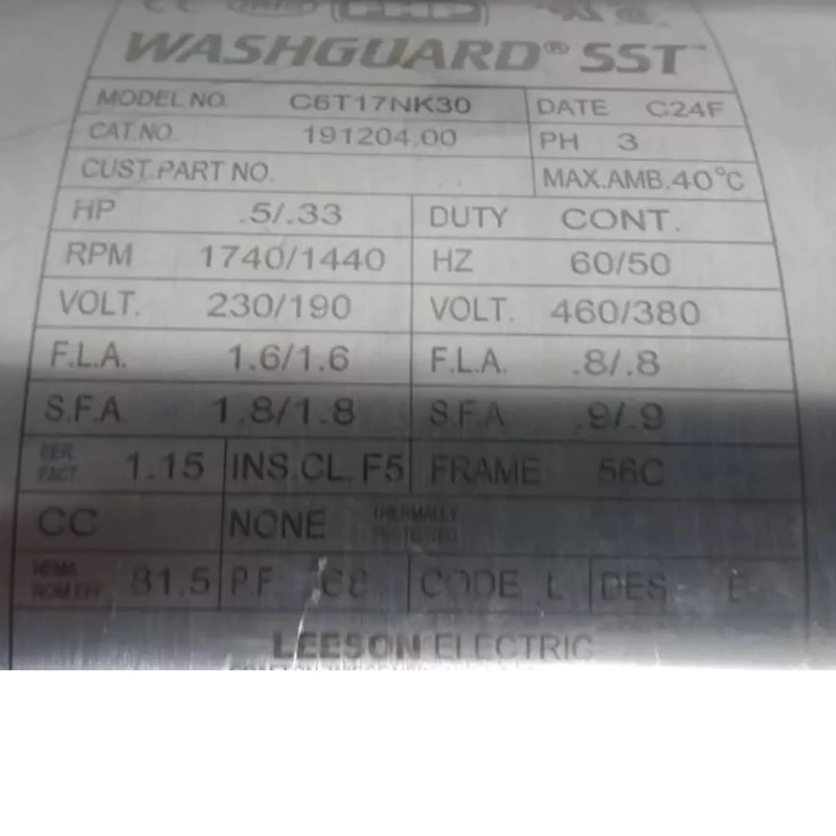 191204.00 Leeson Washdown Motor 1/2 HP 1740 RPM 208-230/460VAC 3-Phase - Truck To Trailer