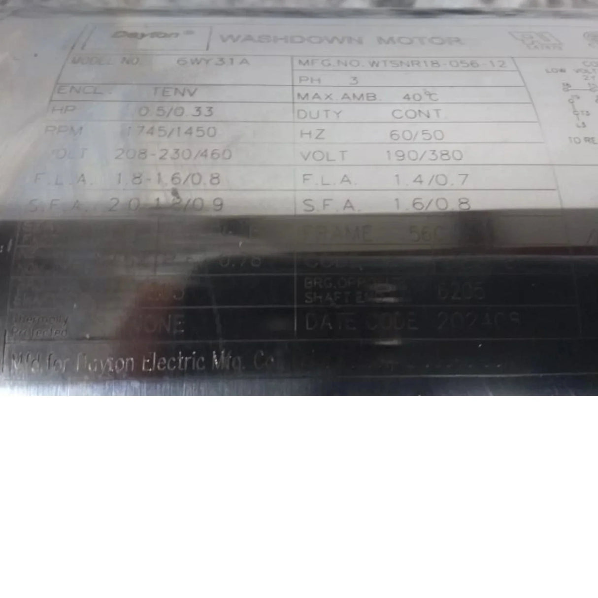 6WY31 Dayton Washdown Motor 1/2 HP 1745 RPM 208-230/460VAC 3-Phase - Truck To Trailer